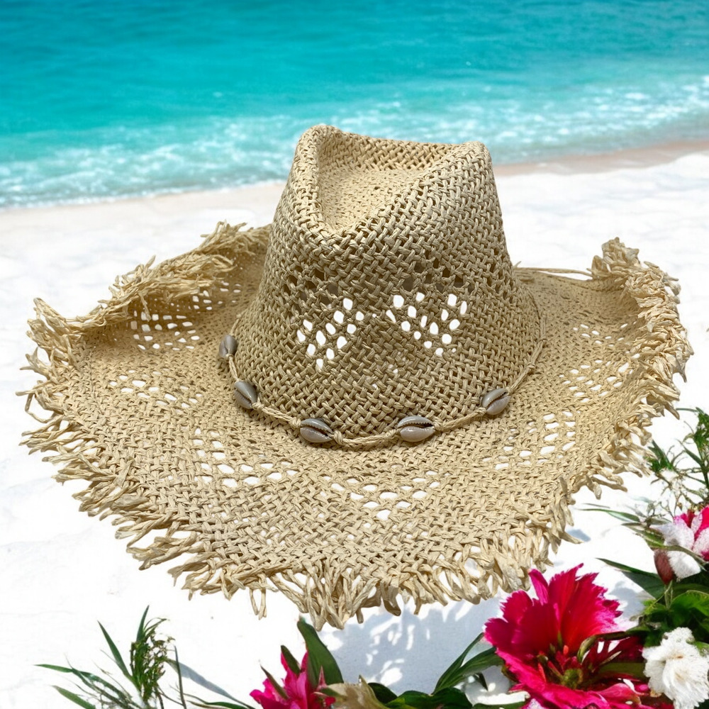 Natural Raffia Straw Cowboy Hat Cowrie Shell Band Hippie Festival Fringed OSFM